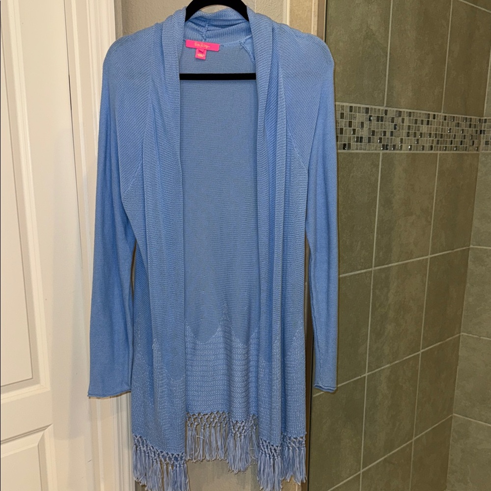 Lilly Pulitzer Tatum Blue Peri Cardigan Sweater with Fringe Size XL